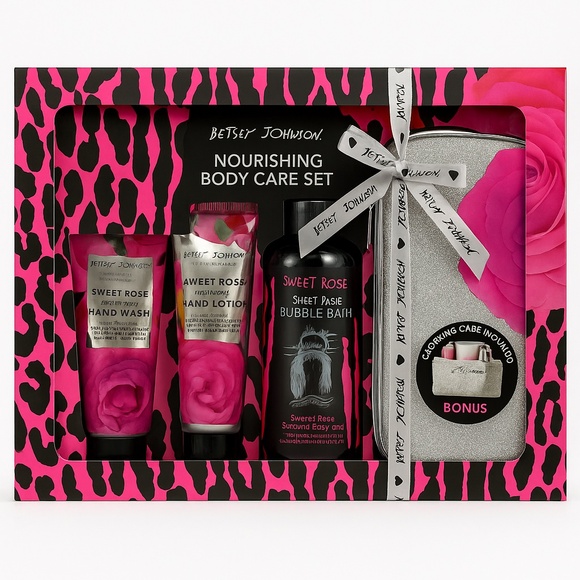 New Betsey Johnson Sweet Rose 5pc Gift Set Body Care Lotion Soap Wash Bag - Picture 1 of 8